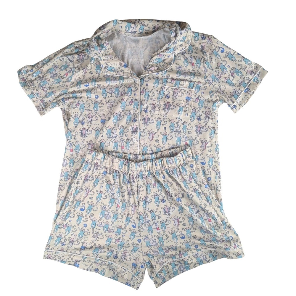 Womens Blue Monkey Print Pajama Set Short Sleeve Button Down &‎ Shorts Large